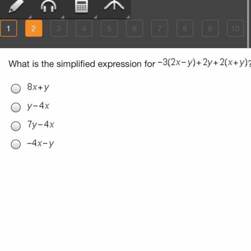 What is the simplified expression for Negative 3 (2 x minus y) + 2 y + 2 (x + y)? 8 x + y y minus 4