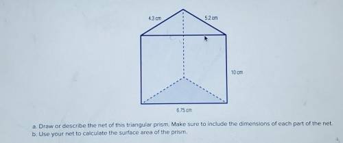 PLEASE HELP ASAP!!a. Draw or describe the net of this triangular prism. Make sure to include the dim