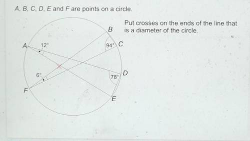 A, B, C, D, E and Fare points on a circle.Put crosses on the ends of the line thatis a diameter of t