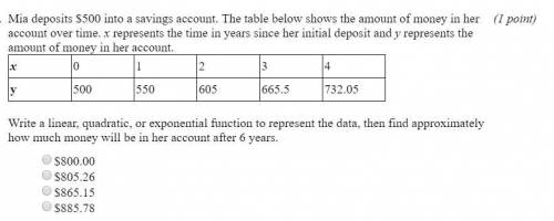 Mia deposits 500$ into a savings account. The table below represents the amount of money in her savi