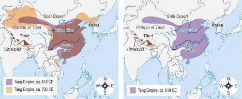 The maps show the expansion of the Tang Empire. Based on the maps, how did the Tang Empire most chan