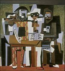Describe what you see in Picasso’s painting “The Three Musicians.” Do you see the elements of art, l