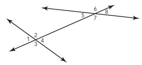 Which angles are vertical angles in the figure shown? Select two answers. A.  ∠1 and ∠2 B.  ∠2 and ∠
