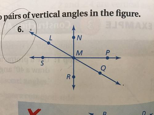 Name two pairs of adjacent angels and two pairs of vertical angles in the figure.