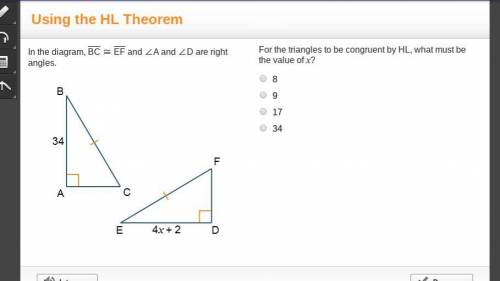 For the triangles to be congruent by HL, what must be the value of x?