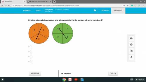 If the two spinners below are spun, what is the probability that the numbers will add to more than 4