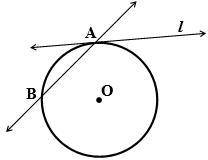 The difference of measures between the arcs subtended by chord AB is 160°. Line l is tangent to the