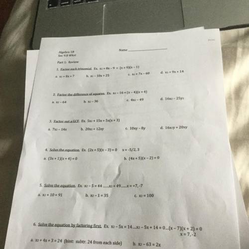 Algebra 1 9.8 worksheet