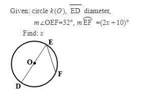 Given: circle k(O),  ED=diameter, m∠OEF=32°, mArc(EF) =(2x+10)°  Find: x