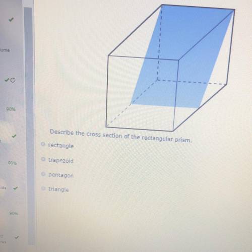 Describe the cross section of the rectangular prism. rectangle trapezoid pentagon triangle