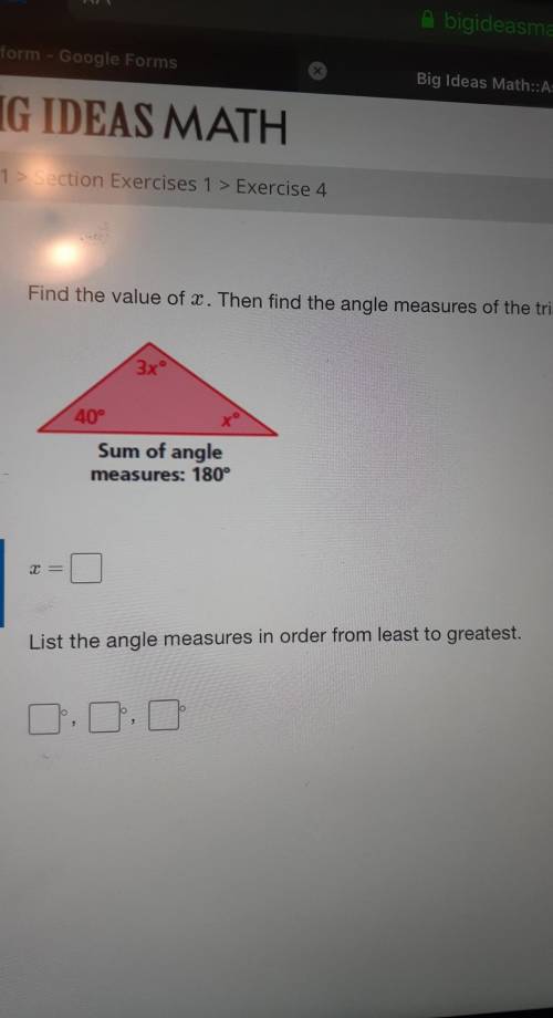 Find the value of x. then find the angle measures of the triangle...