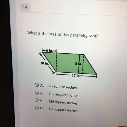 What is the area of this parallelogram? A. 80 square inches  B. 102 square inches C. 136 square inch
