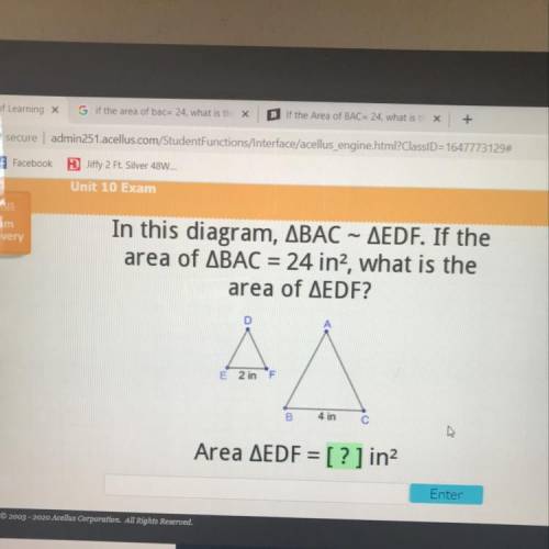 In this diagram, ABAC – AEDF. If the area of ABAC = 24 in2, what is the area of AEDF? E 2 in F 4 in
