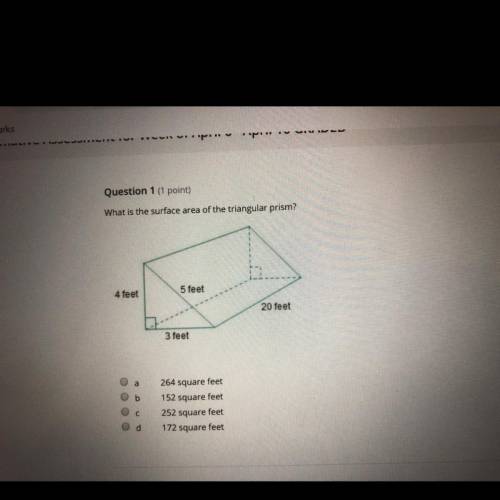 Question 1 (1 point) What is the surface area of the triangular prism? I need help please & than
