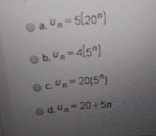 Find explicit formula for the sequence given by the recursive definition u_n= 5u_(n-1), u_1= 20