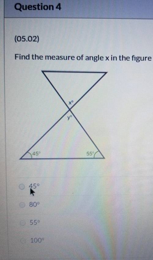 PL(05.02)Find the measure of angle x in the figure below: (5 points)