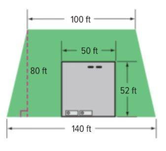 Use the diagram below that shows an office building surrounded by a lawn. What is the area of the la