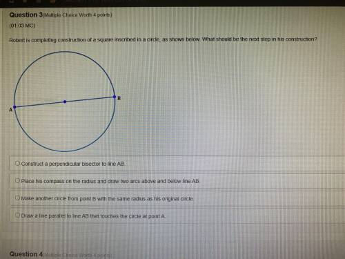 Robert is completing construction of a square inscribed in a circle as shown below. What should be t