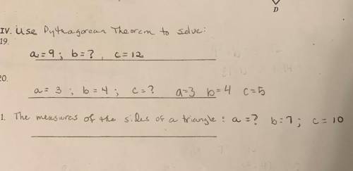 Use pythagorean theorem to solve the questions