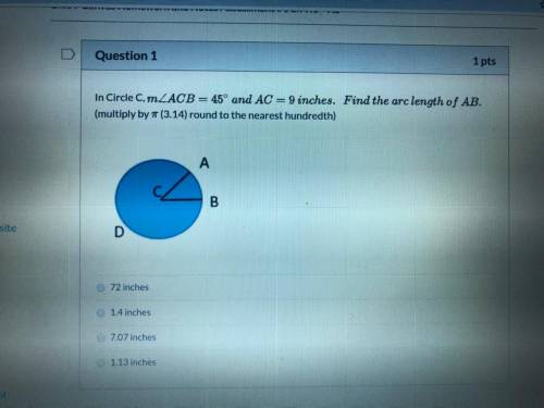 In Circle C, MLACB = 45° and AC = 9 inches. Find the arc length of AB. (multiply by 7 (3.14) round t