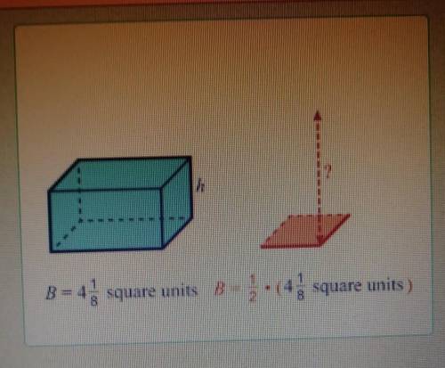 Two rectangular prisms have the same volume. The area of the base of the blue prismis 4 1/8 square u