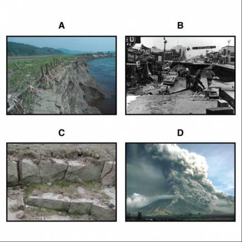The pictures show four different surface features that have been created by destructive forces. A sh