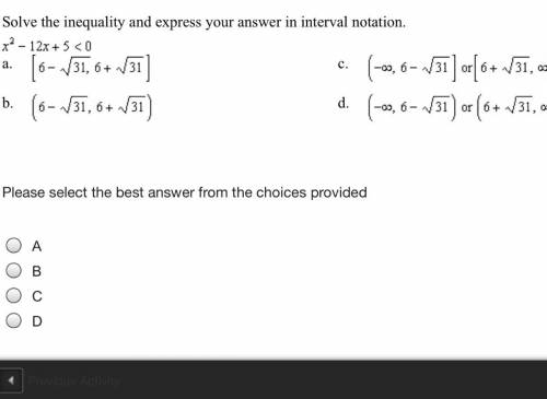 Solve the inequality and express your answer in interval notation. X^2-12x+5<0