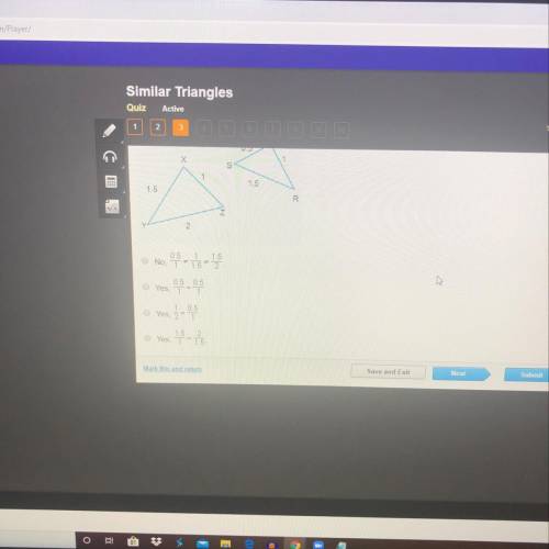 Using side lengths only, could the triangles be similar? 0.5 Y2 0.5 o No. 7 1 15 2 0.5 0.5 Yes, 1-7