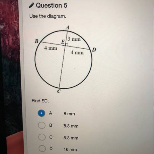 Use the diagram Find EC  A. 8mm B. 8.3mm C. 5.3mm D. 16mm  What is the ANSWER ???