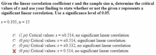 Given the linear correlation coefficient r and the sample size, n, determine the critical values of