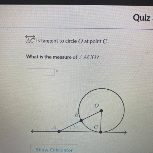 AC is tangent to circle o at point C. What is the measure of ACO?