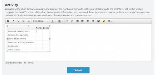 You will use the chart below to compare and contrast the North and the South in the years leading up
