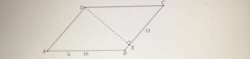 Parallelogram ABCD has area 144, with AB = 16 and BC = 12. Find the length of segment DX.