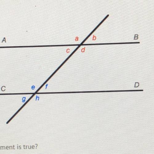 Line AB is parallel to line CD. Which statement is true? A) Angle d is congruent to angle b. B) Angl