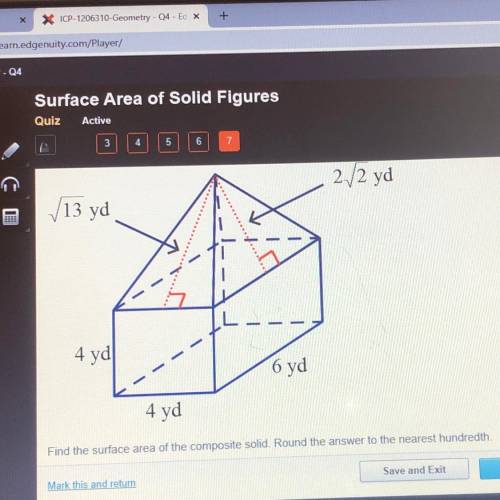 2√2 yd √13 yd 4 yd 6 yd 4 yd Find the surface area of the composite solid. Round the answer to the n