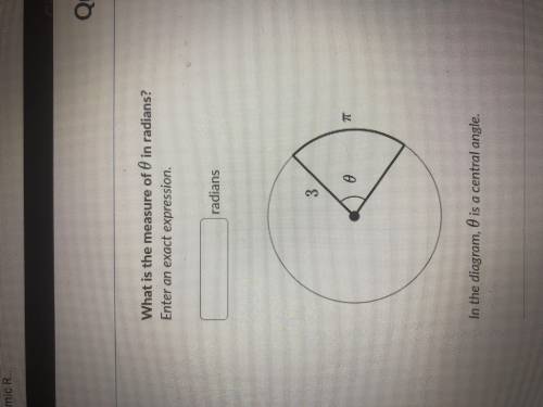 What is the measure of 0 in radians? In the diagram, 0 is a central angle, 3 is the radius, and pi i
