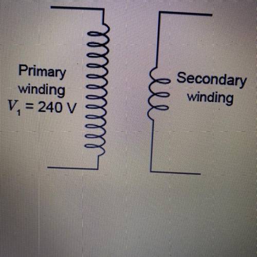 The diagram shows a transformer. Based on the diagram the voltage at the second winding is ____ v