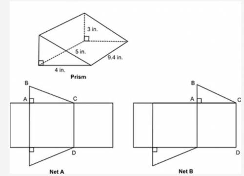 A prism and two nets are shown below:Image of a right triangular prism and 2 nets. The triangle base