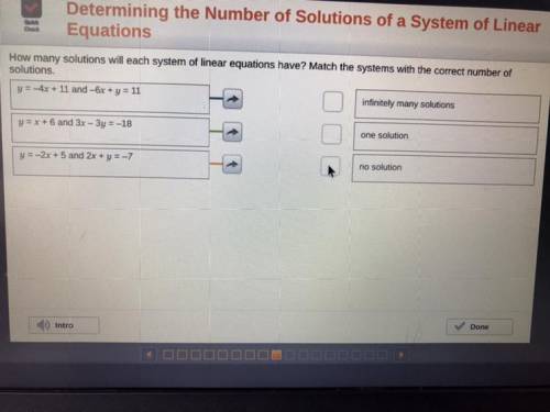 How many solutions will each system of linear equations have? Match the systems with the correct num