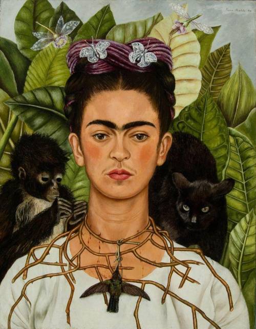 In Kahlo’s Painting, “Self Portrait with Thorn Necklace and Hummingbird” describe what you feel this