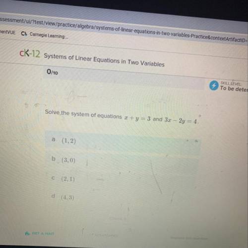 Solve the system of equations x+y=3 and 3x-2y=4