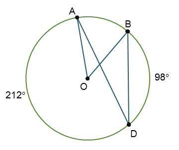 Circle O is shown. Line segments A O and B O are radii. A line is drawn from point A to point D to f