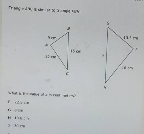 Triangle ABC is similar to Triangle FGH. What is the value of x in centimeters?