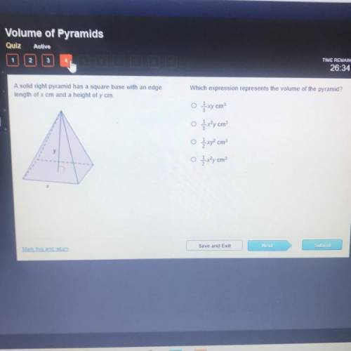 Which expression represents the volume of the pyramid? A solid right pyramid has a square base with