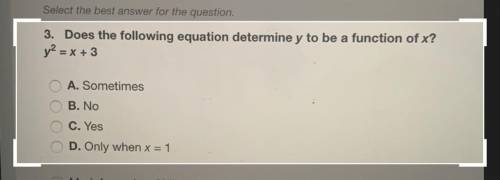 Does the following equation determine y to be a function of x? Y2=x+3