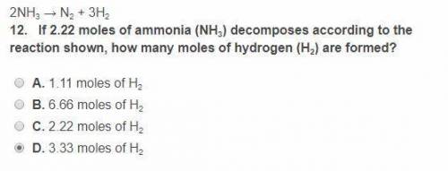 If 2.22 moles of ammonia (NH3) decomposes according to the reaction shown, how many moles of hydroge