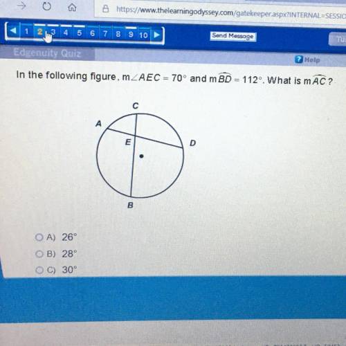 In the following figure, measure angle AEC = 70° and measure arc BD = 112°. What is measure arc AC?