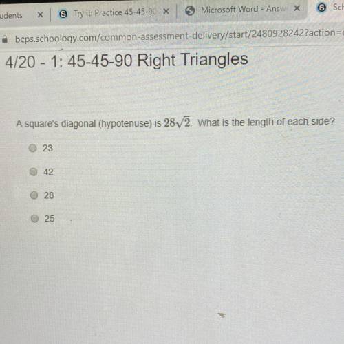 A square's diagonal (hypotenuse) is 28V2. What is the length of each side?