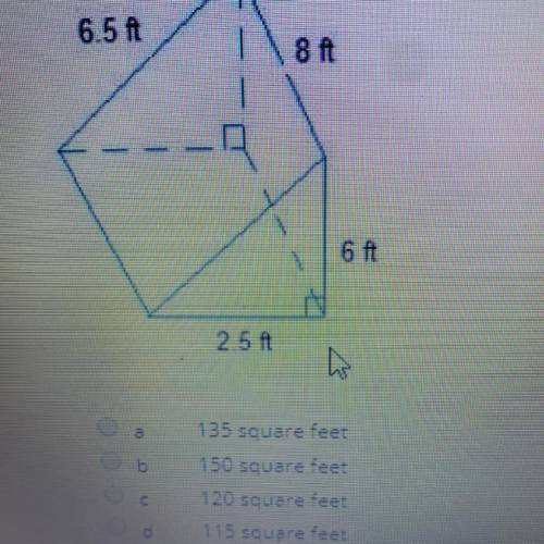 What is the surface area of the triangular prism? A135 B150 C120 D115