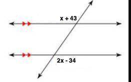 The image shows parallel lines cut by a transversal. The expressions represent unknown angle measure